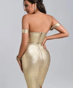 Bellabarnett Sakari Off Shoulder Metallic Cocktail Dress - Gold CLOTHING