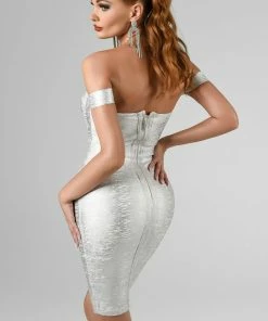 Bellabarnett CLOTHING Sakari Off Shoulder Metallic Cocktail Dress - Silver