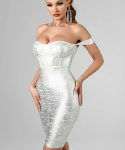 Bellabarnett CLOTHING Sakari Off Shoulder Metallic Cocktail Dress - Silver