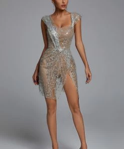 Bellabarnett Sedaya Glitter Mesh Mini Dress - Silver CLOTHING