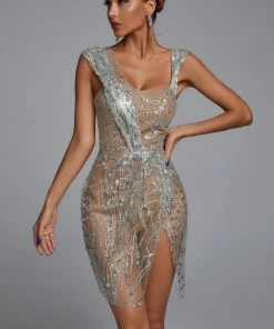 Bellabarnett Sedaya Glitter Mesh Mini Dress - Silver CLOTHING