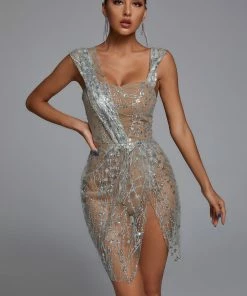 Bellabarnett Sedaya Glitter Mesh Mini Dress - Silver CLOTHING