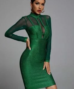 Bellabarnett Shimmer Long Sleeve Bandage Dress In Green