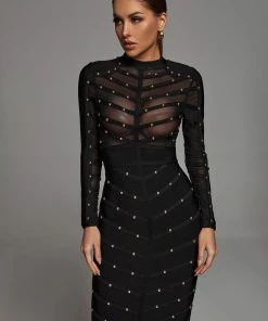 Bellabarnett Winry Long Sleeve Mesh Bandage Dress - Black CLOTHING