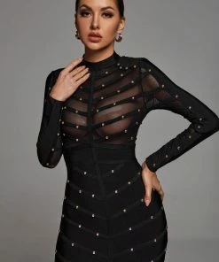 Bellabarnett Winry Long Sleeve Mesh Bandage Dress - Black CLOTHING