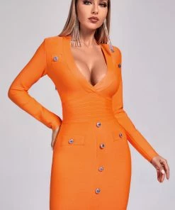 Bellabarnett Aylin V-neck Long Sleeve Cocktail Dress - Orange CLOTHING