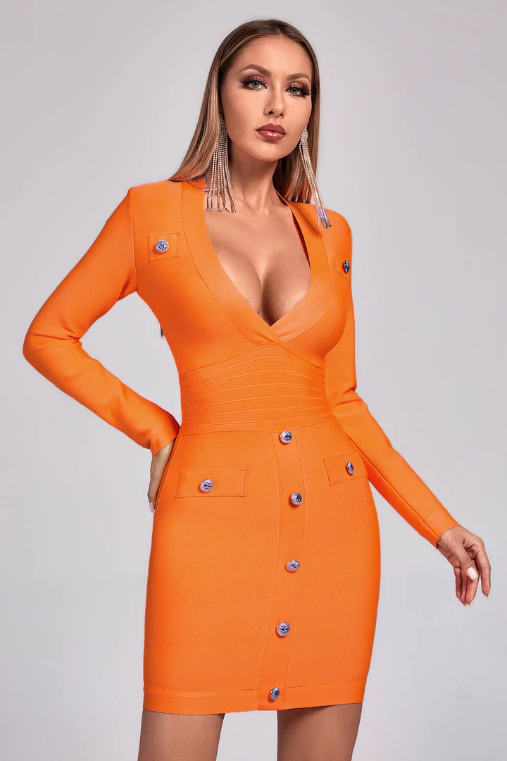 Bellabarnett Aylin V-neck Long Sleeve Cocktail Dress - Orange CLOTHING