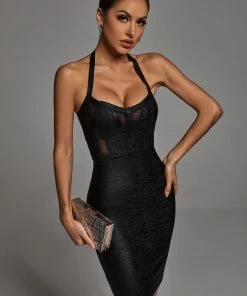 Bellabarnett Halter Black Metallic Cocktail Dress - Black