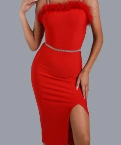 Bellabarnett CLOTHING Dana Feather Slit Midi Bandage Dress - Red