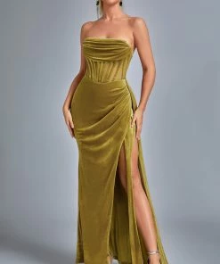 Bellabarnett Lamva Corset Velvet Slit Maxi Dress - Yellow CLOTHING