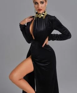 Bellabarnett Lital Embroidery Cutout Velvet Maxi Dress - Black CLOTHING