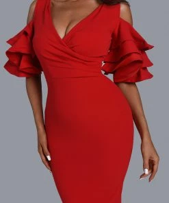 Bellabarnett CLOTHING Evalyn Red Bodycon Midi Dress