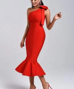 Bellabarnett Marine One Shoulder Midi Bandage Dress CLOTHING