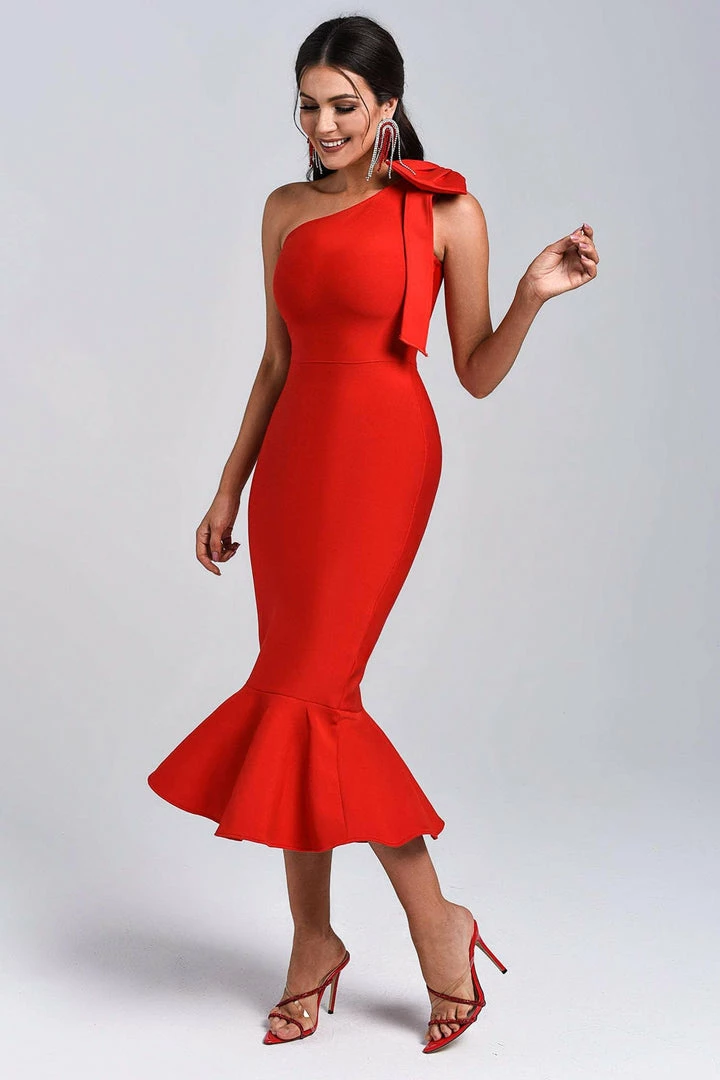 Bellabarnett Marine One Shoulder Midi Bandage Dress CLOTHING