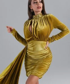 Bellabarnett Brinley Blue Velvet Drape Dress - Gold CLOTHING