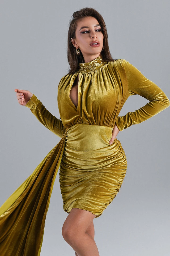Bellabarnett Brinley Blue Velvet Drape Dress - Gold CLOTHING