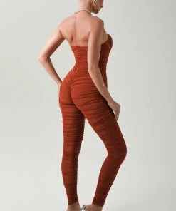 Bellabarnett CLOTHING Sally Rust Ruched Mesh Bandage Jumpsuit