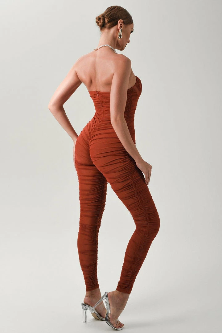 Bellabarnett CLOTHING Sally Rust Ruched Mesh Bandage Jumpsuit