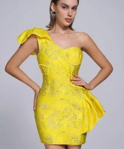 Tracking Amita One Shoulder Jacquard Mini Dress - Yellow CLOTHING