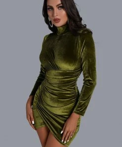 Bellabarnett Velvet Ruched Long Sleeve Mini Dress In Green CLOTHING