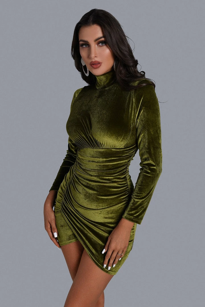 Bellabarnett Velvet Ruched Long Sleeve Mini Dress In Green CLOTHING