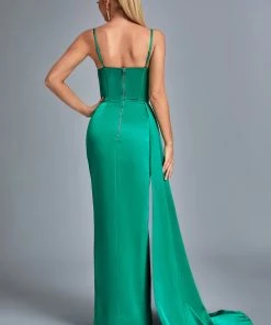 Bellabarnett Vacab Diamonate Satin Slit Maxi Dress - Green