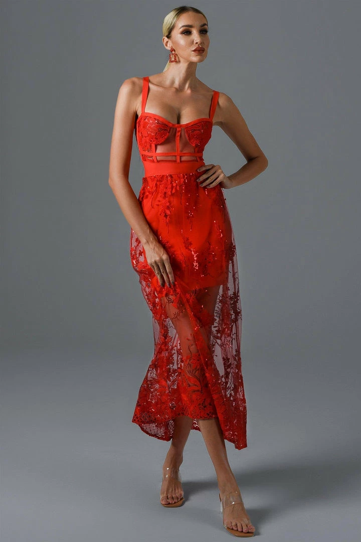 Bellabarnett Rogo Lace Maxi Bandage Dress - Red CLOTHING