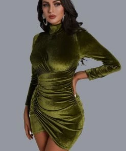 Bellabarnett Velvet Ruched Long Sleeve Mini Dress In Green CLOTHING