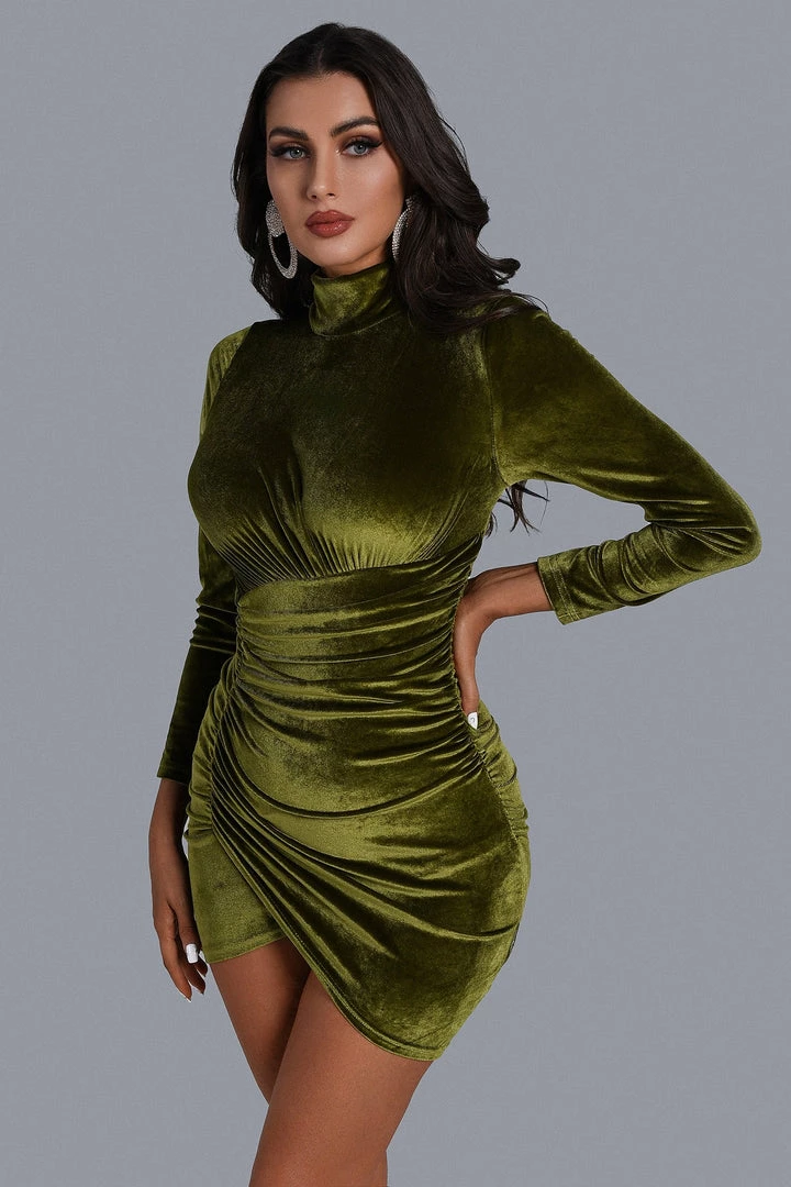 Bellabarnett Velvet Ruched Long Sleeve Mini Dress In Green CLOTHING