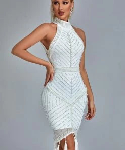 Bellabarnett Thaliy Pearl Fringed Midi Dress - White CLOTHING