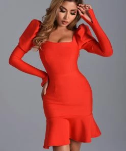 Bellabarnett CLOTHING Kiara Puff Sleeve Midi Bandage Dress