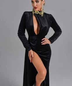 Bellabarnett Lital Embroidery Cutout Velvet Maxi Dress - Black CLOTHING