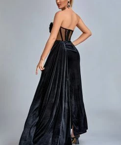 Bellabarnett CLOTHING Lamva Corset Velvet Slit Maxi Dress - Black