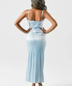 Bellabarnett Gilda Satin Diamonate Slit Maxi Dress CLOTHING