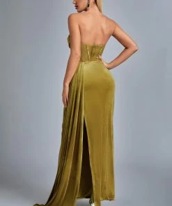Bellabarnett Lamva Corset Velvet Slit Maxi Dress - Yellow CLOTHING