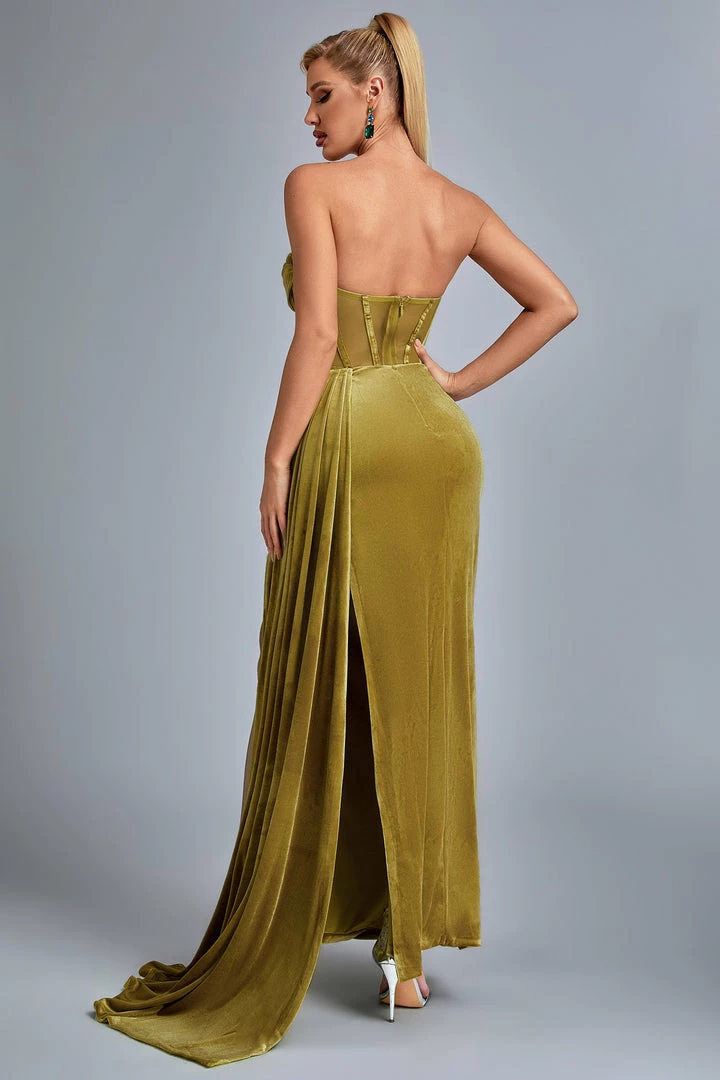 Bellabarnett Lamva Corset Velvet Slit Maxi Dress - Yellow CLOTHING