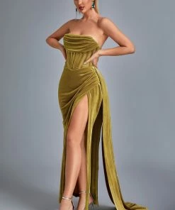 Bellabarnett Lamva Corset Velvet Slit Maxi Dress - Yellow CLOTHING