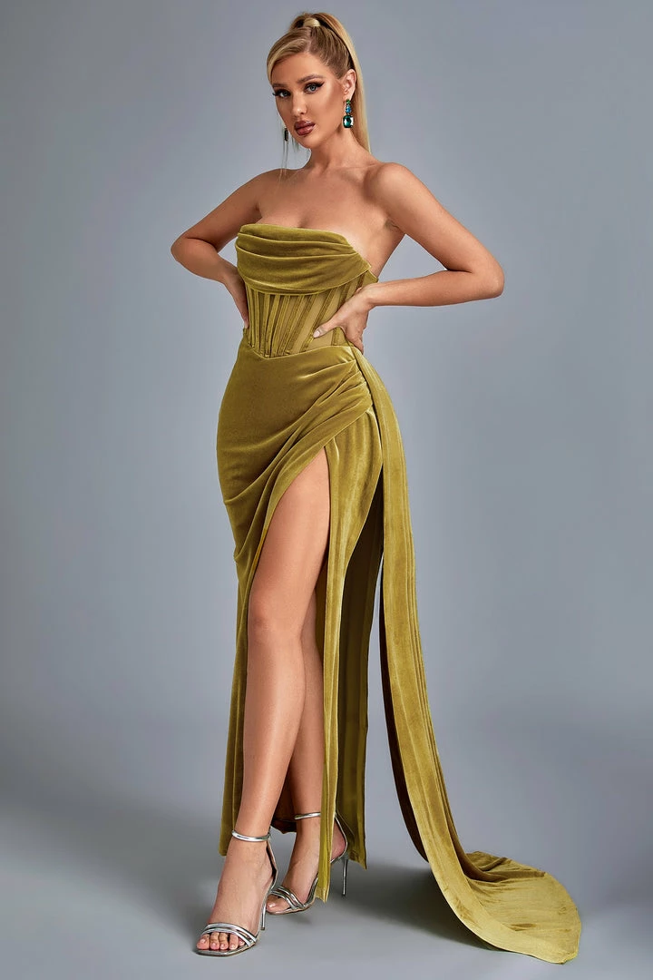 Bellabarnett Lamva Corset Velvet Slit Maxi Dress - Yellow CLOTHING