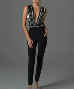 Bellabarnett Kimo Diamante Deep-V Bandage Jumpsuit