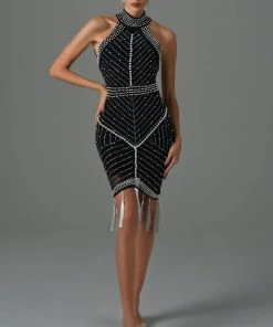 Bellabarnett Thaliy Pearl Fringed Midi Dress - Black