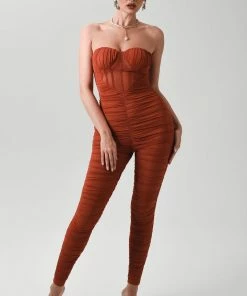 Bellabarnett CLOTHING Sally Rust Ruched Mesh Bandage Jumpsuit
