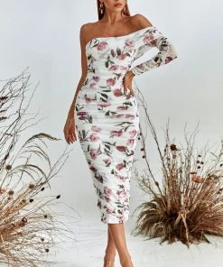 Bellabarnett CLOTHING Grece One Shoulder Mesh Midi Dress