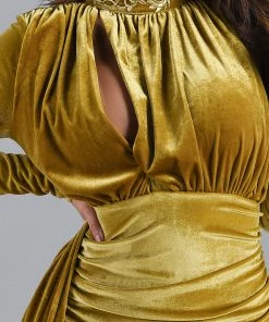 Bellabarnett Brinley Blue Velvet Drape Dress - Gold CLOTHING