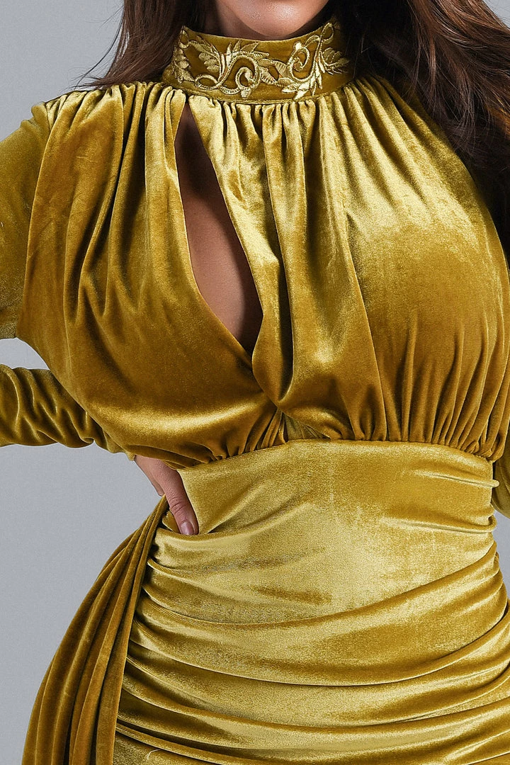 Bellabarnett Brinley Blue Velvet Drape Dress - Gold CLOTHING