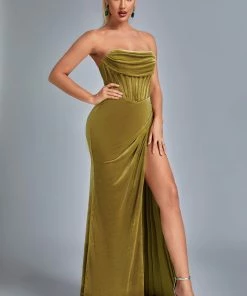 Bellabarnett Lamva Corset Velvet Slit Maxi Dress - Yellow CLOTHING