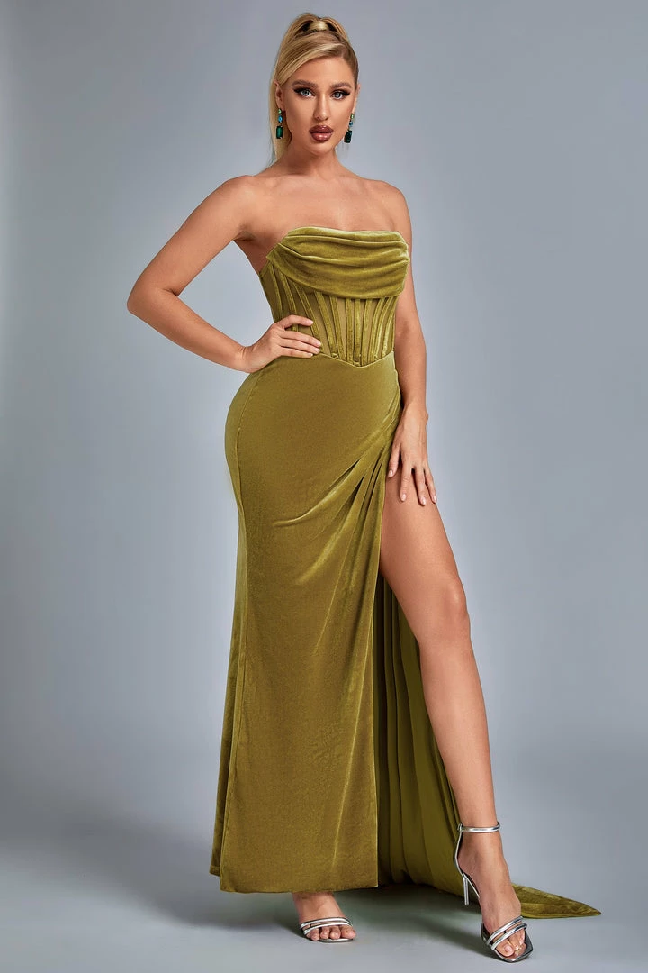Bellabarnett Lamva Corset Velvet Slit Maxi Dress - Yellow CLOTHING