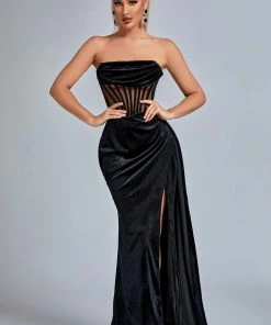 Bellabarnett CLOTHING Lamva Corset Velvet Slit Maxi Dress - Black