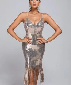 Bellabarnett Bazer Sequin Tassel Midi Dress - Gold CLOTHING