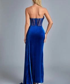 Bellabarnett Lamva Corset Velvet Slit Maxi Dress - Blue