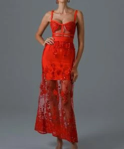 Bellabarnett Rogo Lace Maxi Bandage Dress - Red CLOTHING